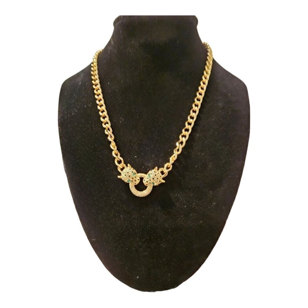 18k Gold Filled Classic Leopard Green Eye Black Cubic Zirconia Necklace